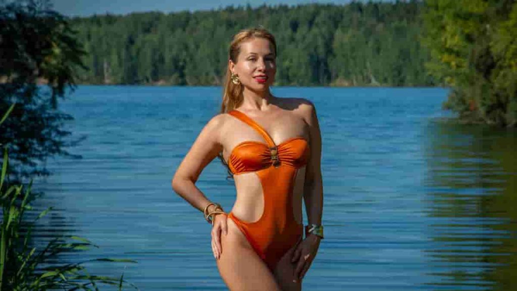 orange one piece swimsuit